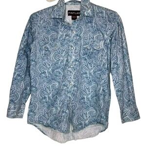 Pintlar Western Shirt L Mens rodeo‎ Paisley Pearl Snaps White Blue Pocket Flaps